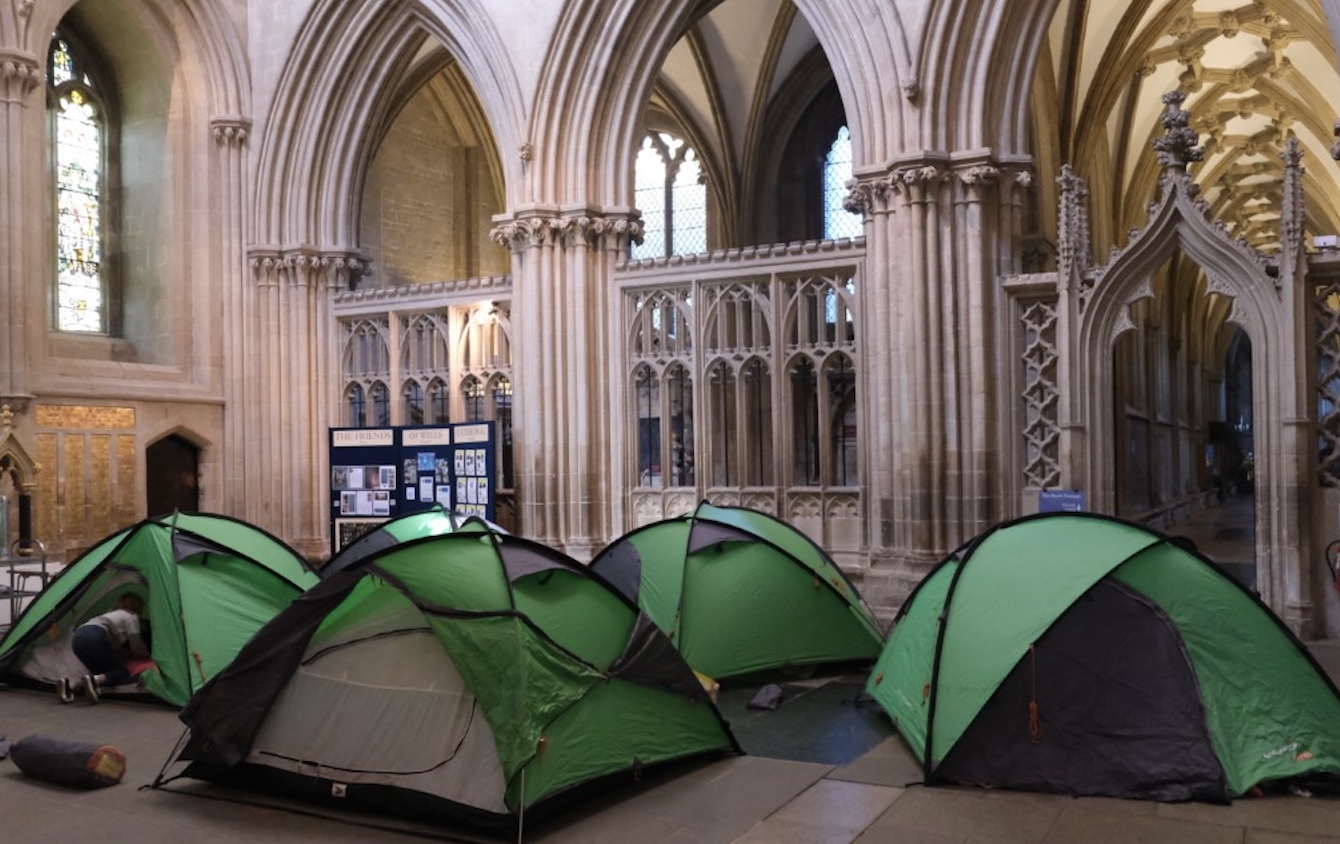 Choristers camp out in Wells Cathedral to raise funds for Ukraine. 